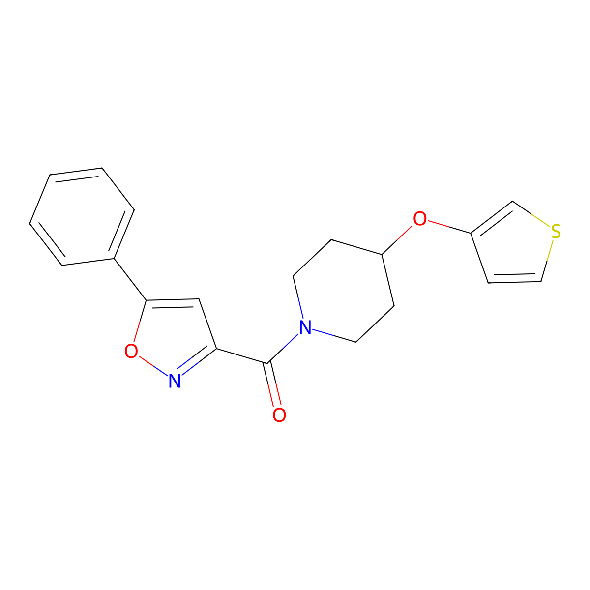 (5-Phenylisoxazol-3-yl)(4-(thiophen-3-yloxy)piperidin-1-yl)methanone molecular structure, CAS 2034428-72-1
