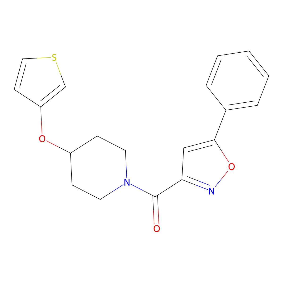 (5-Phenylisoxazol-3-yl)(4-(thiophen-3-yloxy)piperidin-1-yl)methanone molecular structure, CAS 2034428-72-1