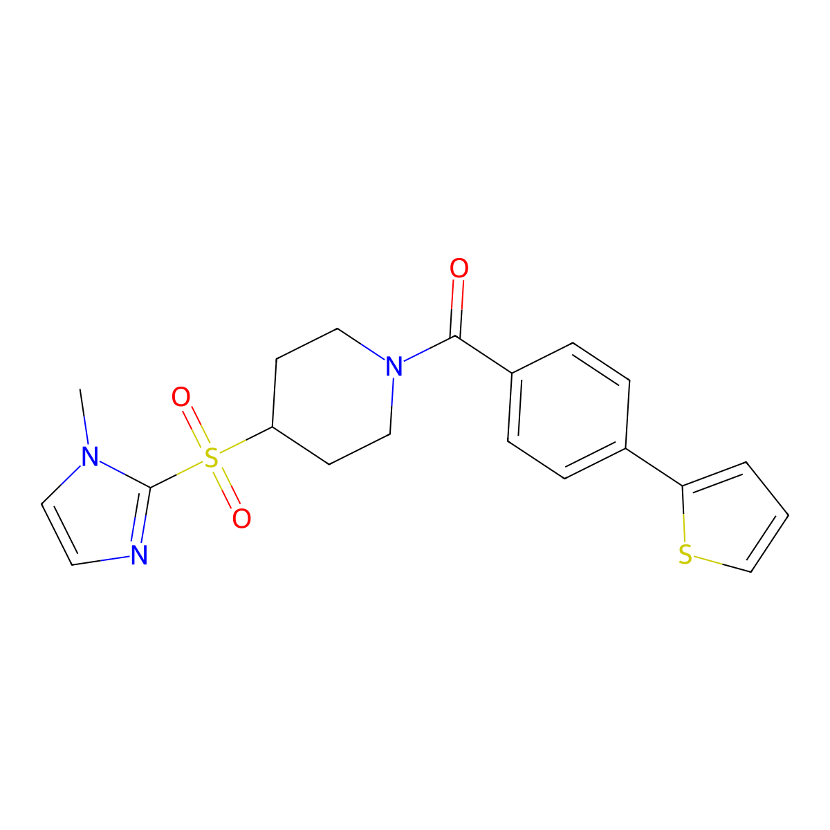 (4-((1-methyl-1H-imidazol-2-yl)sulfonyl)piperidin-1-yl)(4-(thiophen-2-yl)phenyl)methanone molecular structure, CAS 2034428-76-5