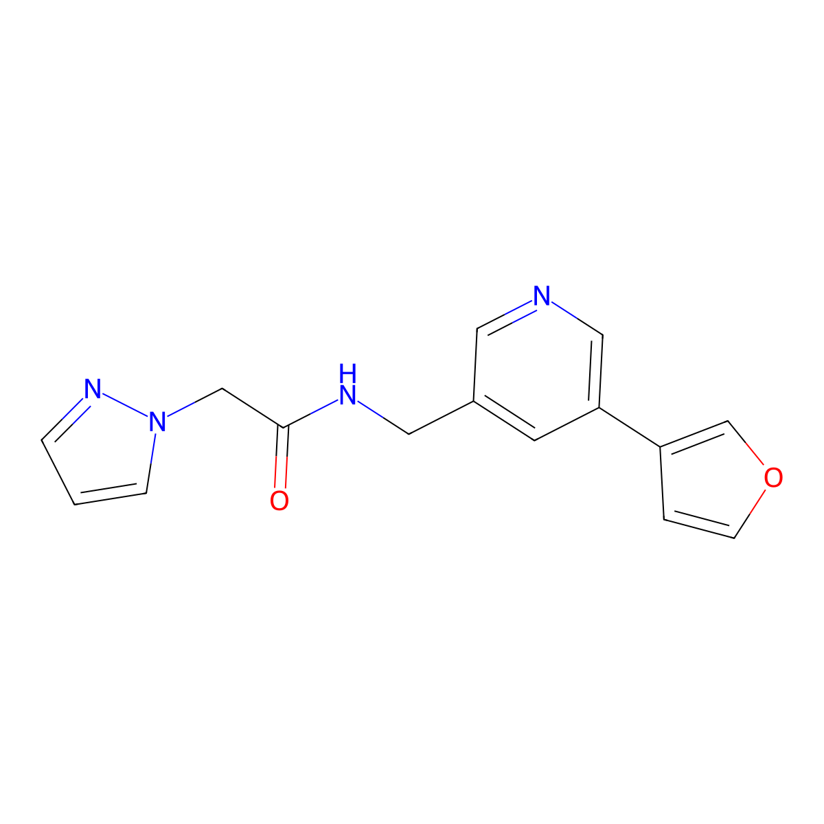 N-((5-(furan-3-yl)pyridin-3-yl)methyl)-2-(1H-pyrazol-1-yl)acetamide molecular structure, CAS 2034428-79-8