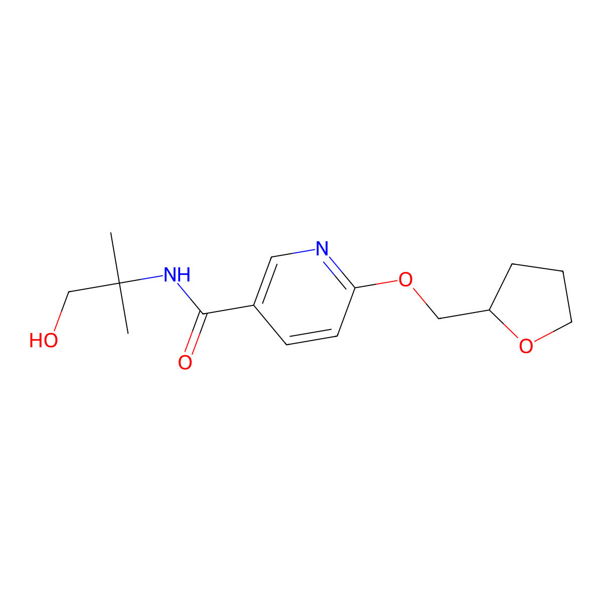N-(1-hydroxy-2-methylpropan-2-yl)-6-((tetrahydrofuran-2-yl)methoxy)nicotinamide molecular structure, CAS 2034428-80-1