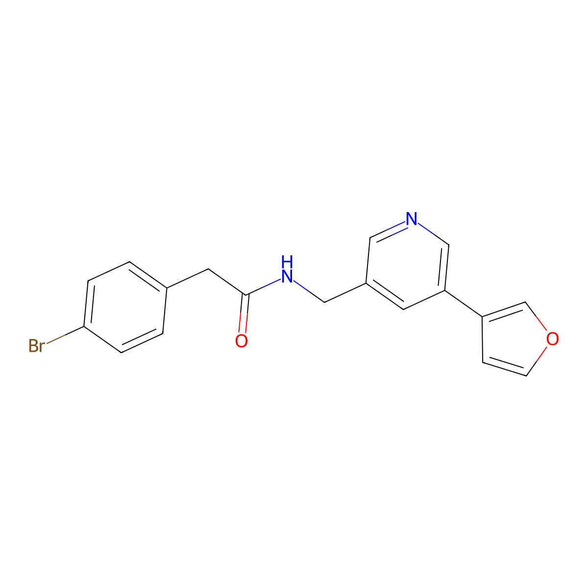2-(4-bromophenyl)-N-((5-(furan-3-yl)pyridin-3-yl)methyl)acetamide molecular structure, CAS 2034428-88-9