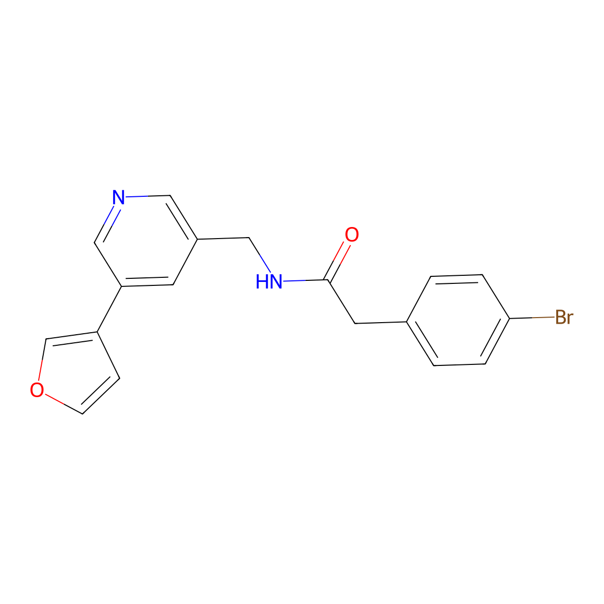 2-(4-bromophenyl)-N-((5-(furan-3-yl)pyridin-3-yl)methyl)acetamide molecular structure, CAS 2034428-88-9