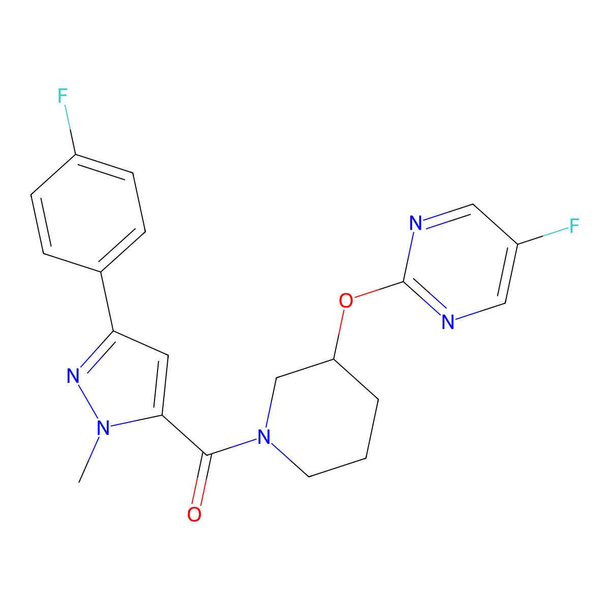 (3-(4-fluorophenyl)-1-methyl-1H-pyrazol-5-yl)(3-((5-fluoropyrimidin-2-yl)oxy)piperidin-1-yl)methanone molecular structure, CAS 2034428-92-5