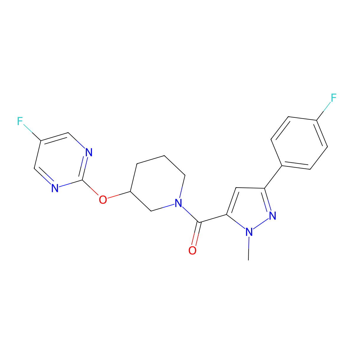 (3-(4-fluorophenyl)-1-methyl-1H-pyrazol-5-yl)(3-((5-fluoropyrimidin-2-yl)oxy)piperidin-1-yl)methanone molecular structure, CAS 2034428-92-5