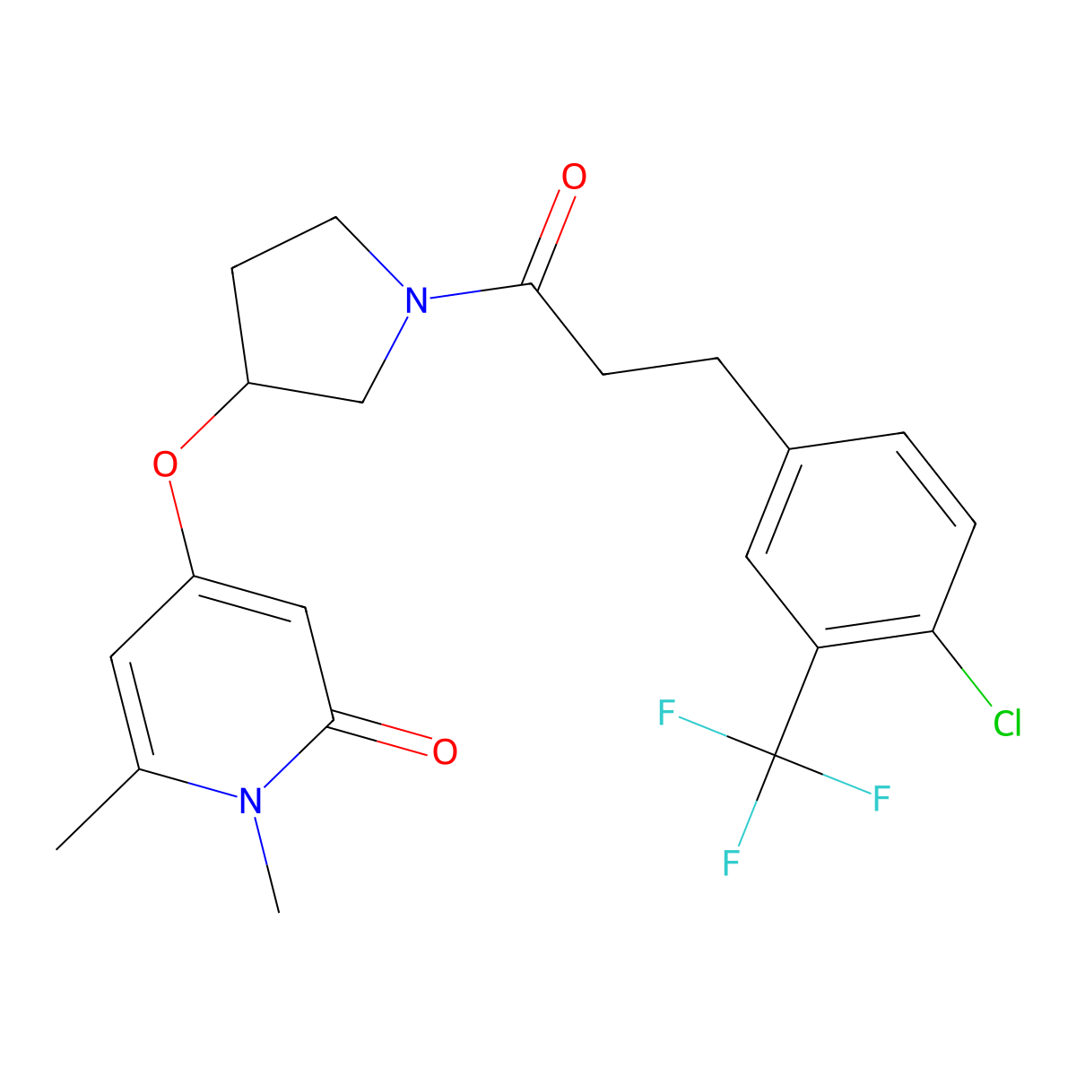 4-((1-(3-(4-chloro-3-(trifluoromethyl)phenyl)propanoyl)pyrrolidin-3-yl)oxy)-1,6-dimethylpyridin-2(1H)-one molecular structure, CAS 2034428-94-7