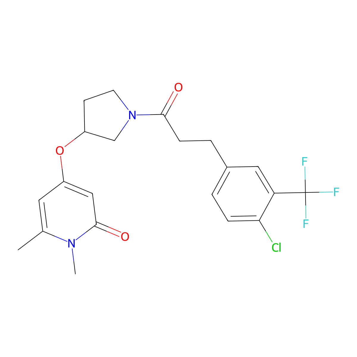4-((1-(3-(4-chloro-3-(trifluoromethyl)phenyl)propanoyl)pyrrolidin-3-yl)oxy)-1,6-dimethylpyridin-2(1H)-one molecular structure, CAS 2034428-94-7