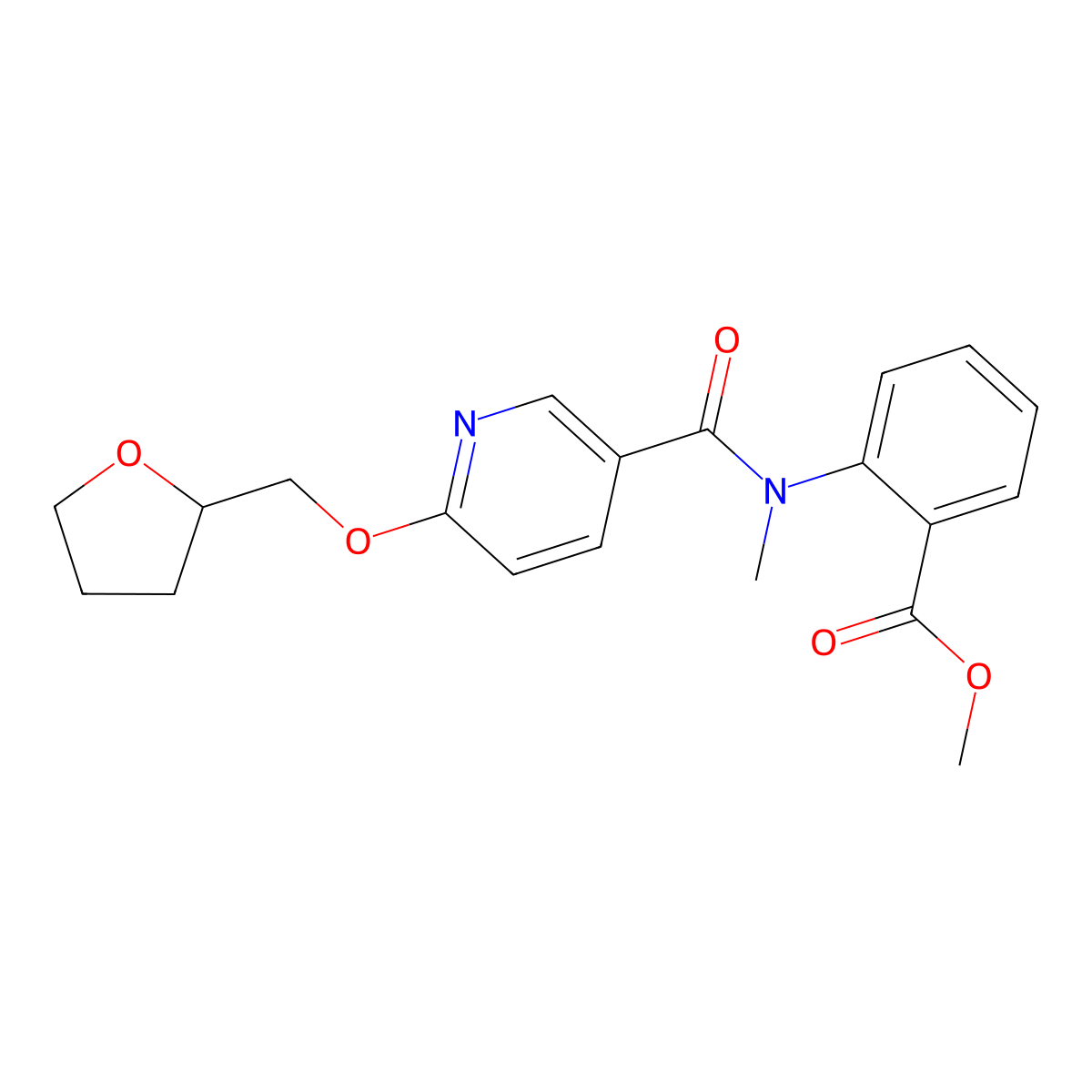 methyl 2-(N-methyl-6-((tetrahydrofuran-2-yl)methoxy)nicotinamido)benzoate molecular structure, CAS 2034428-96-9