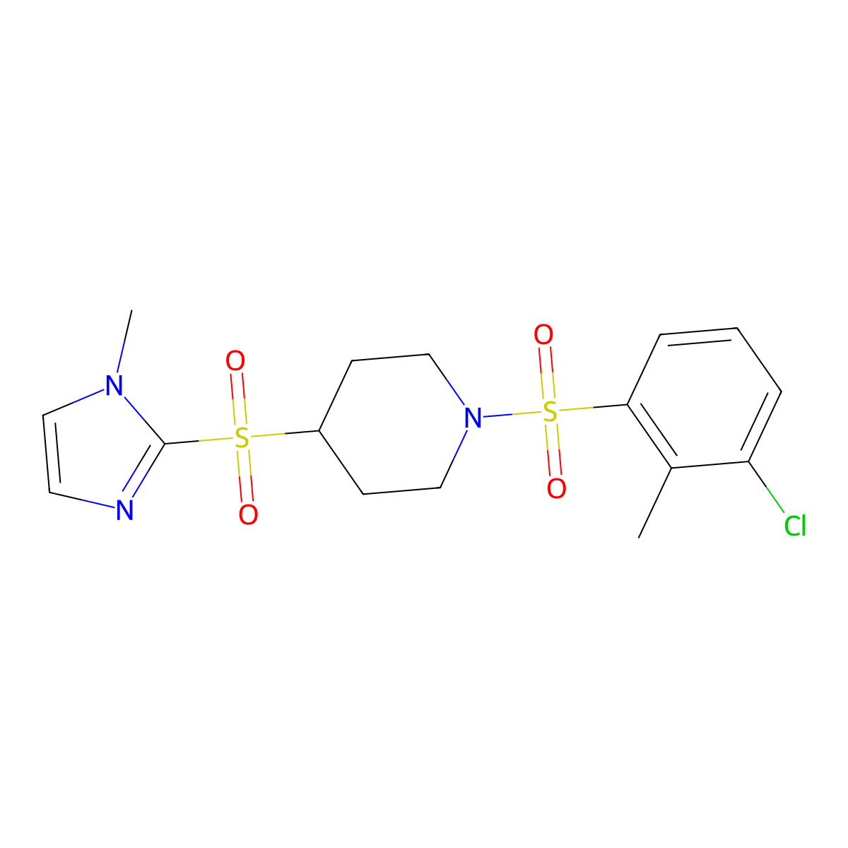 1-((3-chloro-2-methylphenyl)sulfonyl)-4-((1-methyl-1H-imidazol-2-yl)sulfonyl)piperidine molecular structure, CAS 2034429-01-9