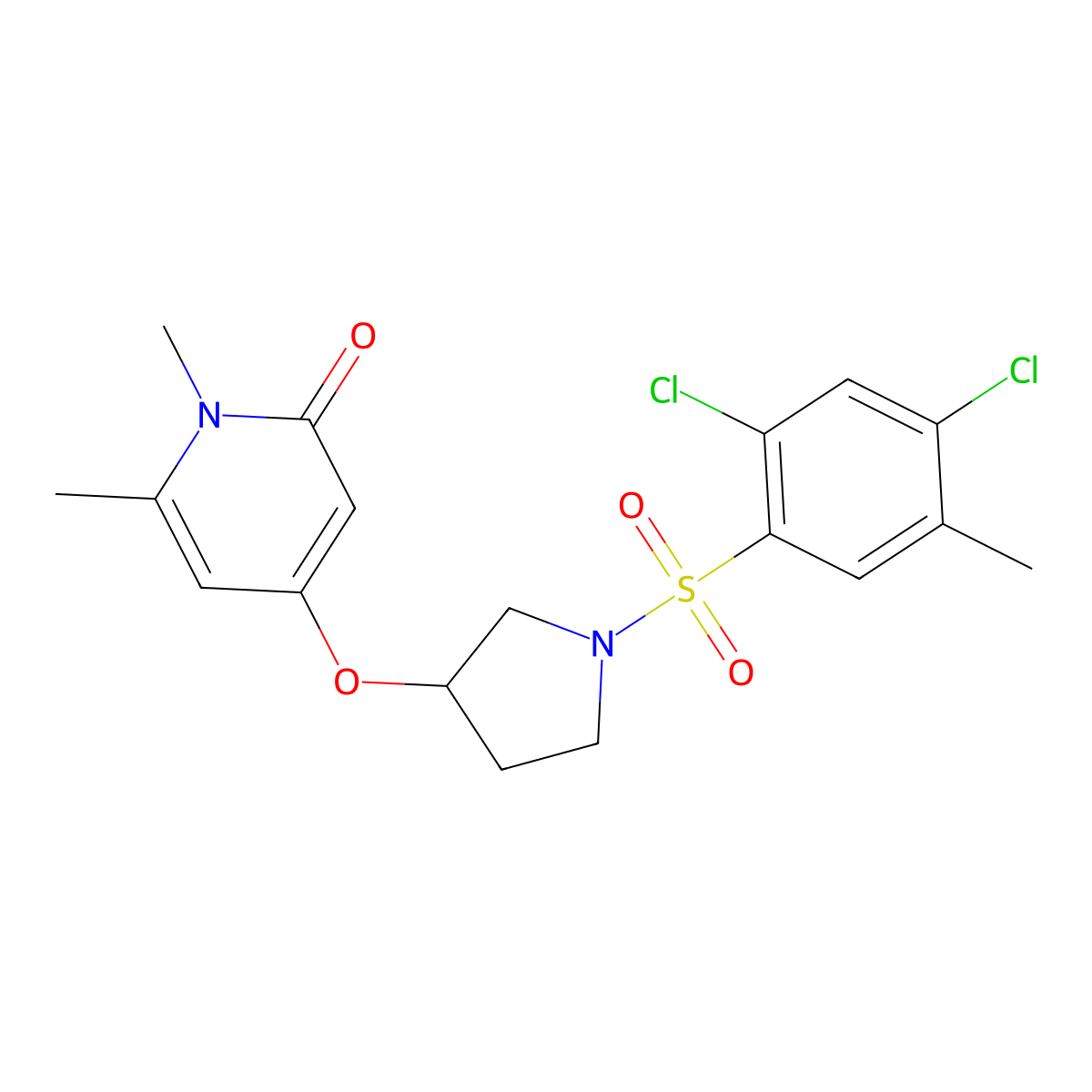 4-((1-((2,4-dichloro-5-methylphenyl)sulfonyl)pyrrolidin-3-yl)oxy)-1,6-dimethylpyridin-2(1H)-one molecular structure, CAS 2034429-23-5