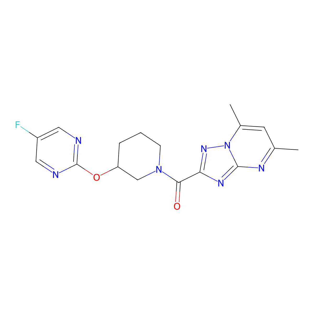(5,7-Dimethyl-[1,2,4]triazolo[1,5-a]pyrimidin-2-yl)(3-((5-fluoropyrimidin-2-yl)oxy)piperidin-1-yl)methanone molecular structure, CAS 2034429-26-8