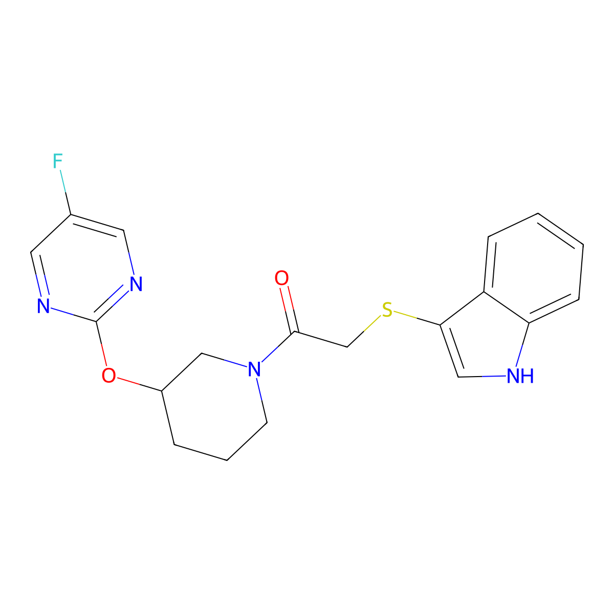 2-((1H-indol-3-yl)thio)-1-(3-((5-fluoropyrimidin-2-yl)oxy)piperidin-1-yl)ethanone molecular structure, CAS 2034429-38-2