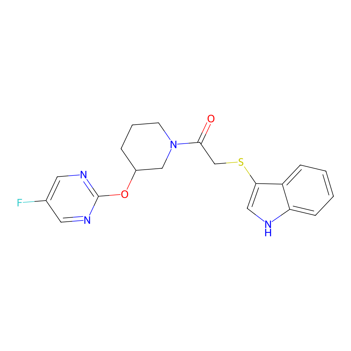 2-((1H-indol-3-yl)thio)-1-(3-((5-fluoropyrimidin-2-yl)oxy)piperidin-1-yl)ethanone molecular structure, CAS 2034429-38-2