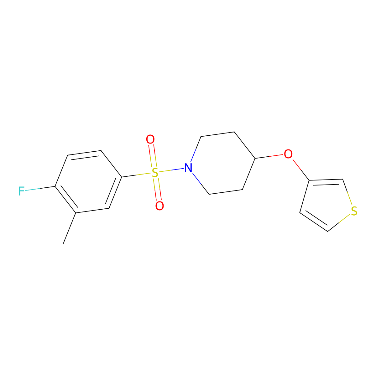 1-((4-Fluoro-3-methylphenyl)sulfonyl)-4-(thiophen-3-yloxy)piperidine molecular structure, CAS 2034429-40-6