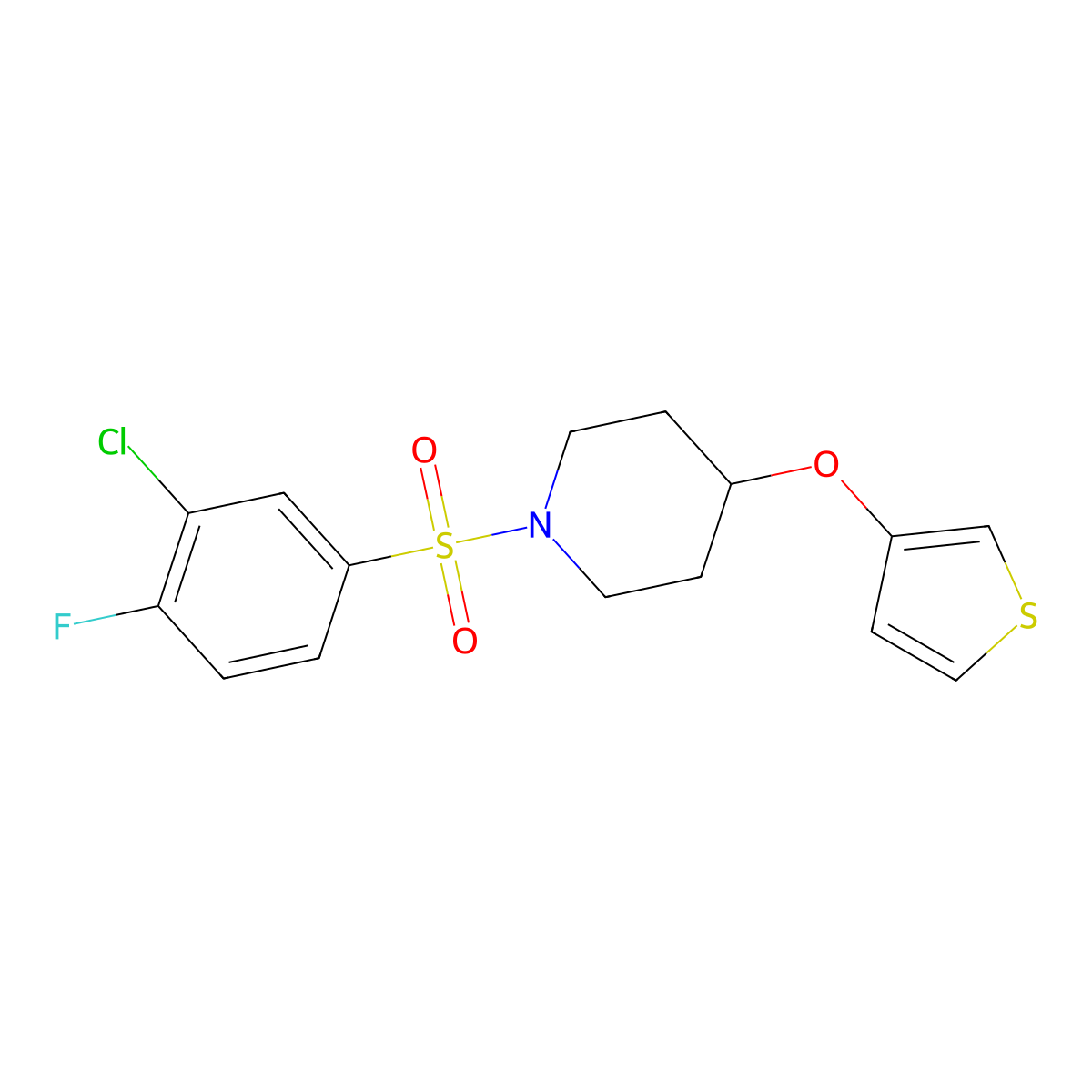 1-((3-Chloro-4-fluorophenyl)sulfonyl)-4-(thiophen-3-yloxy)piperidine molecular structure, CAS 2034429-47-3