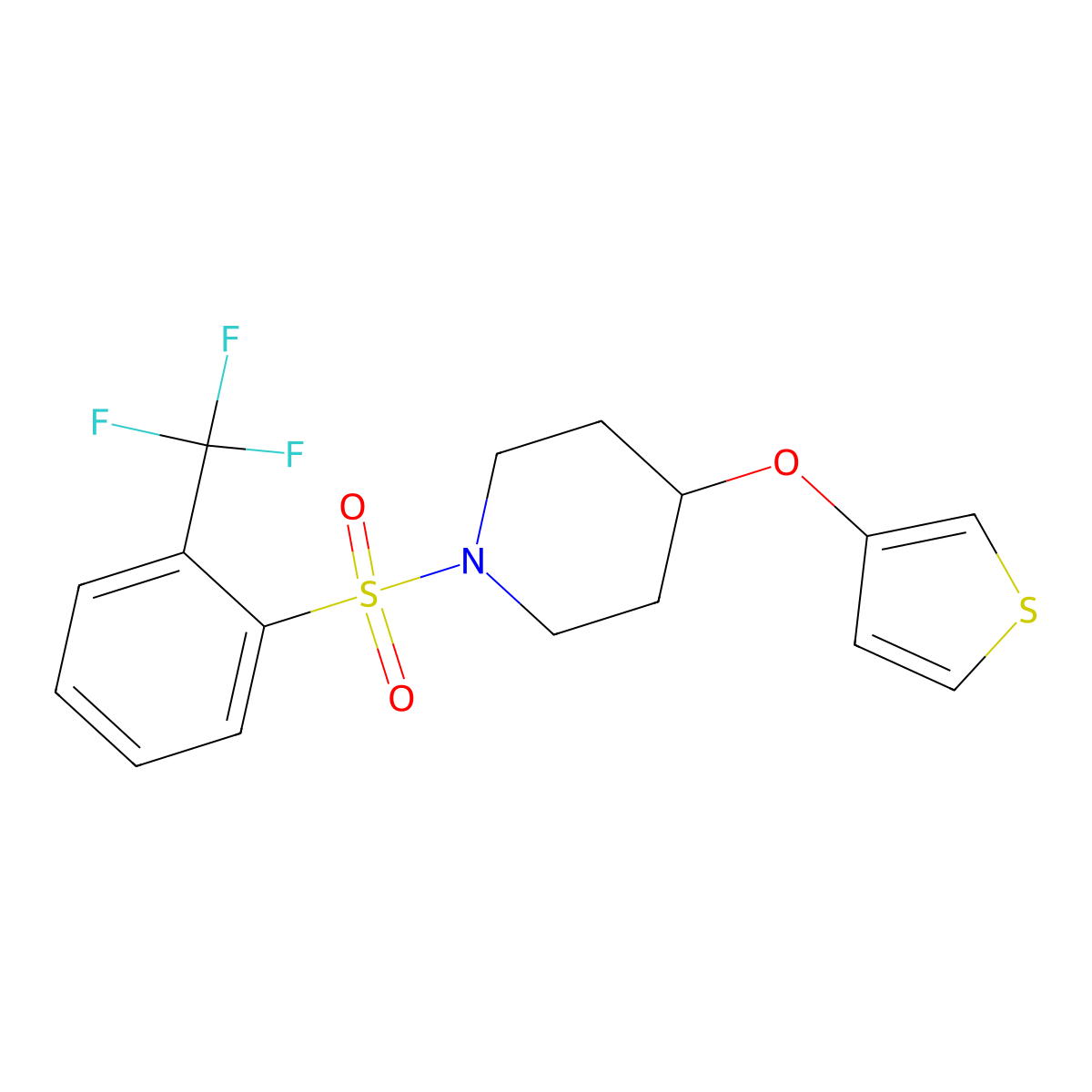 4-(Thiophen-3-yloxy)-1-((2-(trifluoromethyl)phenyl)sulfonyl)piperidine molecular structure, CAS 2034429-59-7