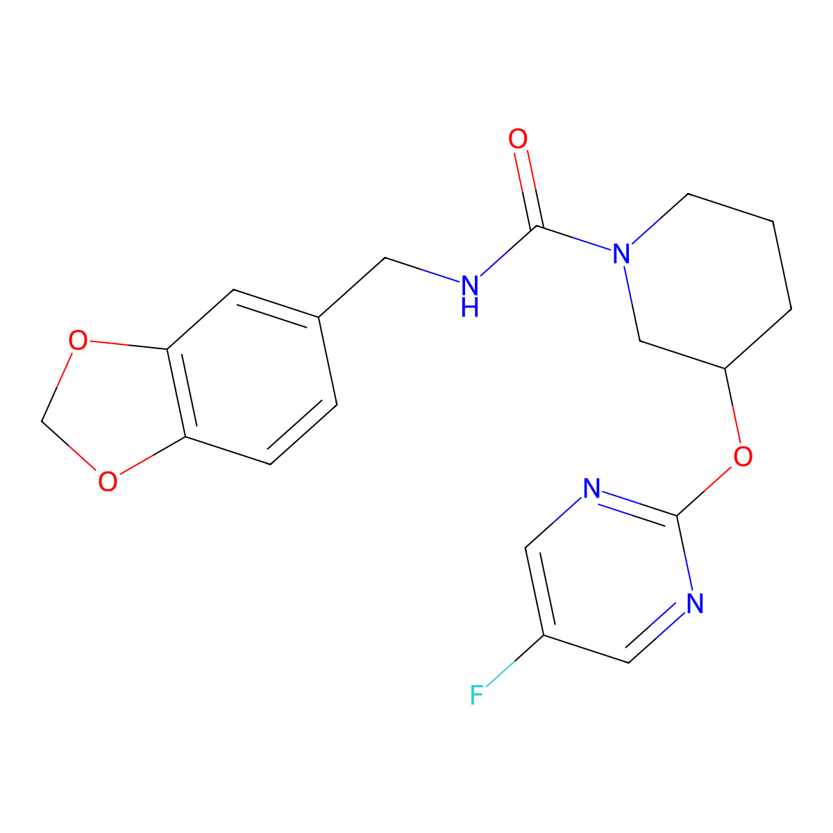 N-(benzo[d][1,3]dioxol-5-ylmethyl)-3-((5-fluoropyrimidin-2-yl)oxy)piperidine-1-carboxamide molecular structure, CAS 2034429-63-3