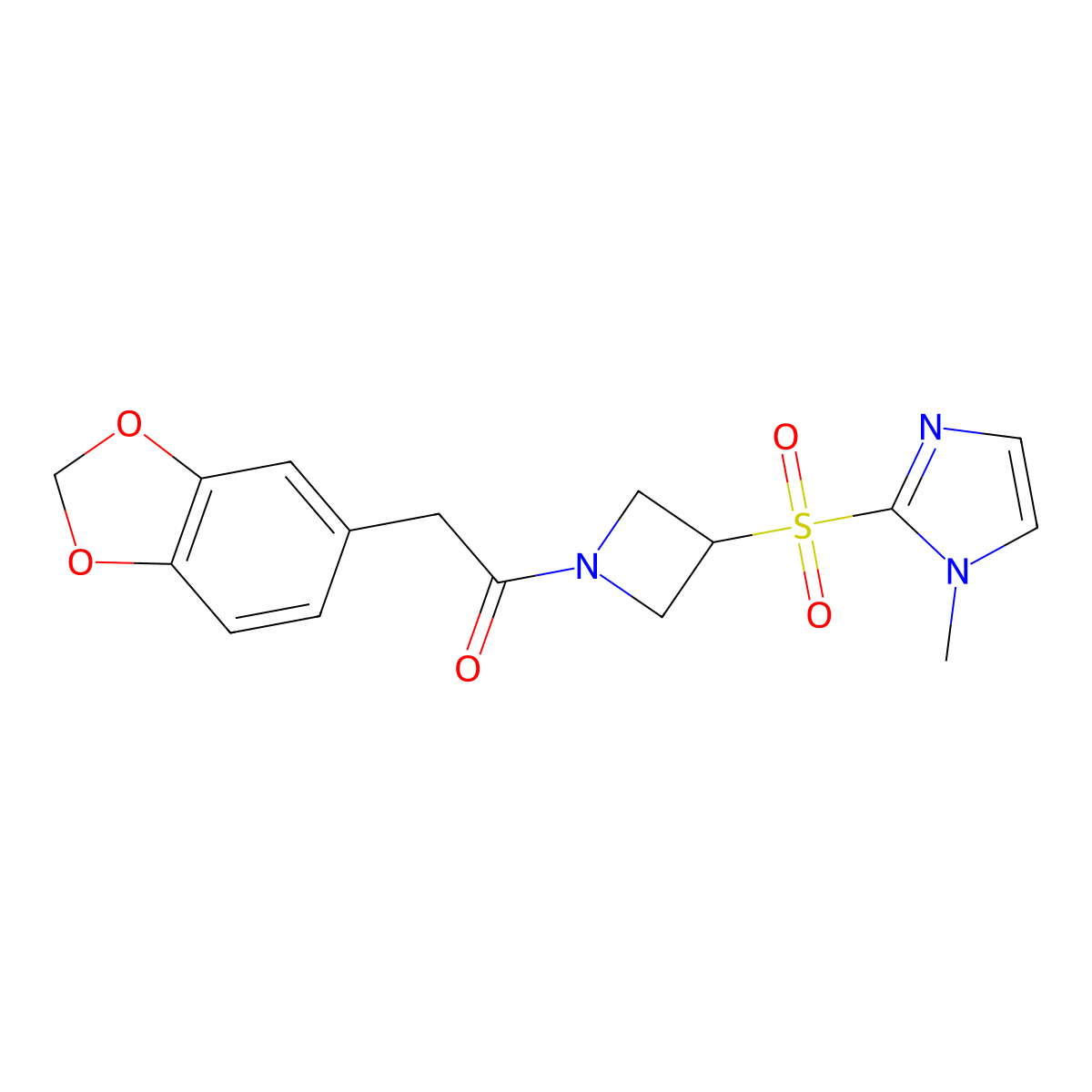 2-(benzo[d][1,3]dioxol-5-yl)-1-(3-((1-methyl-1H-imidazol-2-yl)sulfonyl)azetidin-1-yl)ethanone molecular structure, CAS 2034429-90-6