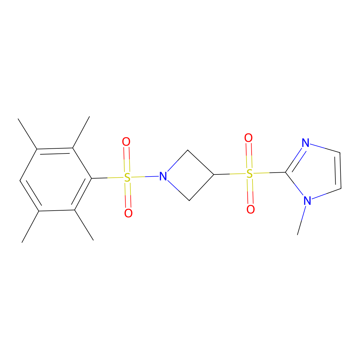 1-methyl-2-((1-((2,3,5,6-tetramethylphenyl)sulfonyl)azetidin-3-yl)sulfonyl)-1H-imidazole molecular structure, CAS 2034430-14-1
