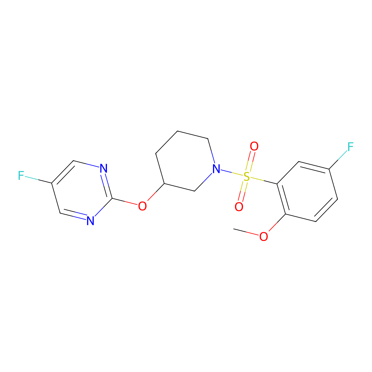 5-Fluoro-2-((1-((5-fluoro-2-methoxyphenyl)sulfonyl)piperidin-3-yl)oxy)pyrimidine molecular structure, CAS 2034430-27-6