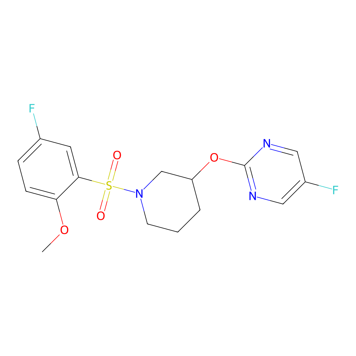 5-Fluoro-2-((1-((5-fluoro-2-methoxyphenyl)sulfonyl)piperidin-3-yl)oxy)pyrimidine molecular structure, CAS 2034430-27-6