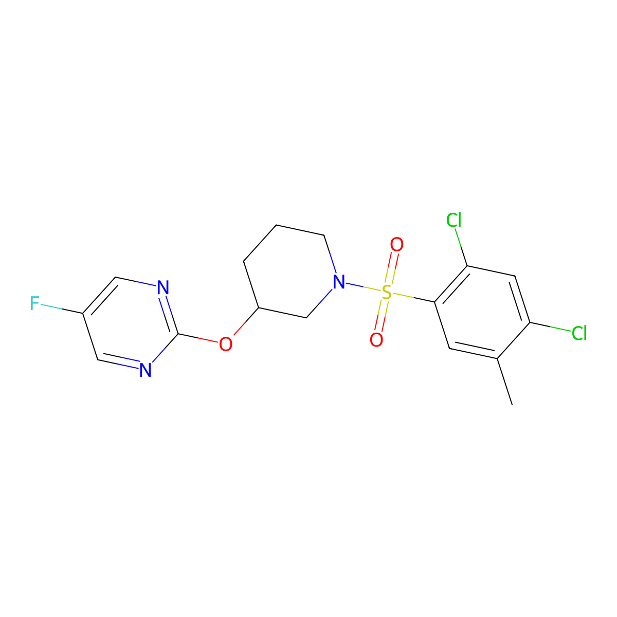 2-((1-((2,4-Dichloro-5-methylphenyl)sulfonyl)piperidin-3-yl)oxy)-5-fluoropyrimidine molecular structure, CAS 2034430-40-3