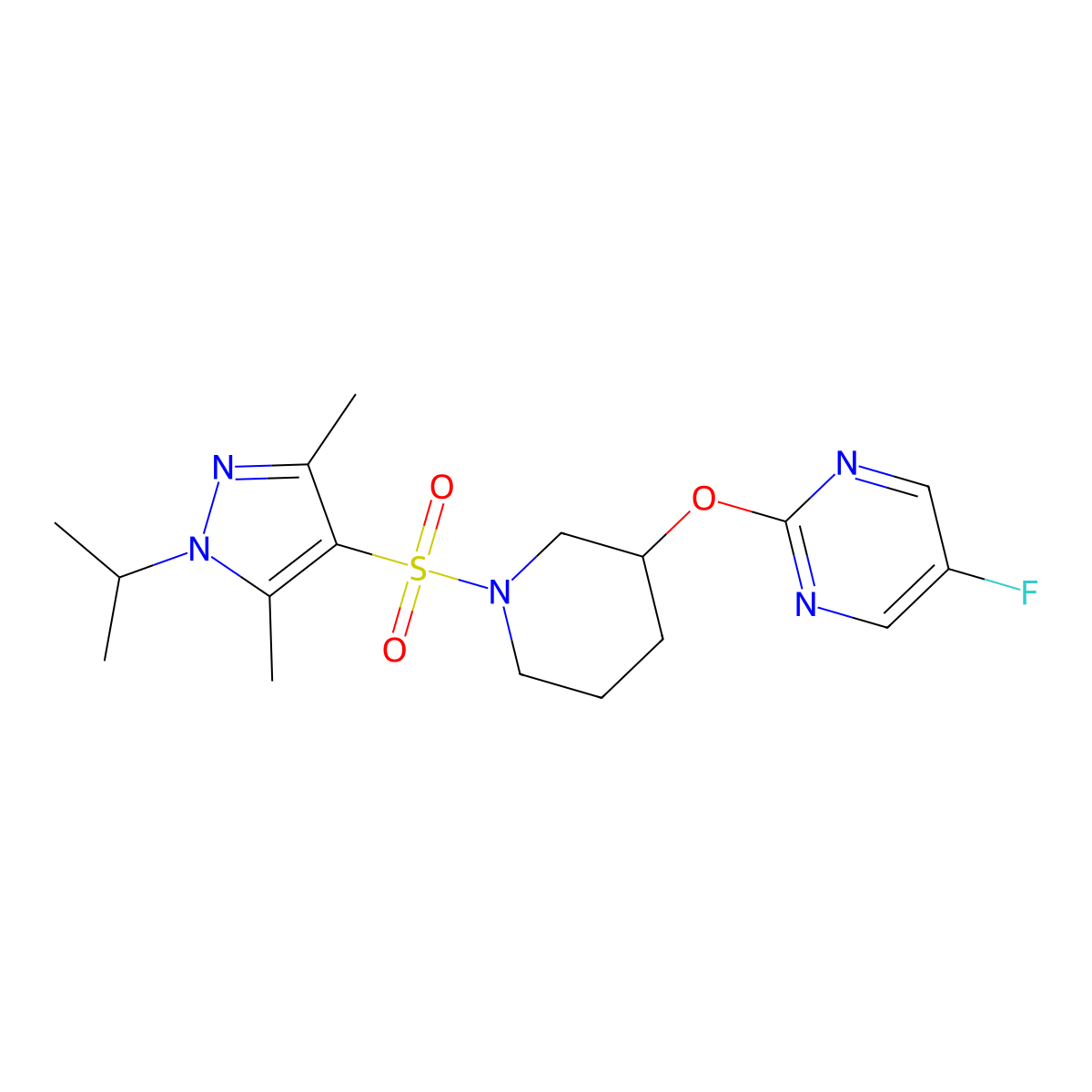 5-fluoro-2-((1-((1-isopropyl-3,5-dimethyl-1H-pyrazol-4-yl)sulfonyl)piperidin-3-yl)oxy)pyrimidine molecular structure, CAS 2034430-50-5