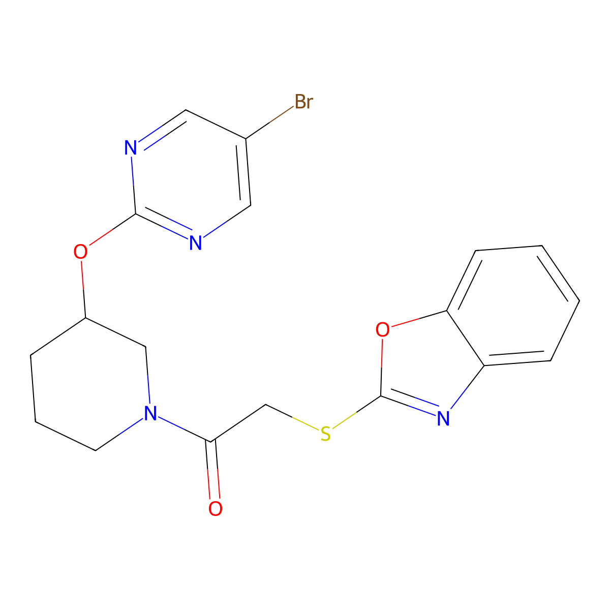 2-(Benzo[d]oxazol-2-ylthio)-1-(3-((5-bromopyrimidin-2-yl)oxy)piperidin-1-yl)ethanone molecular structure, CAS 2034430-58-3