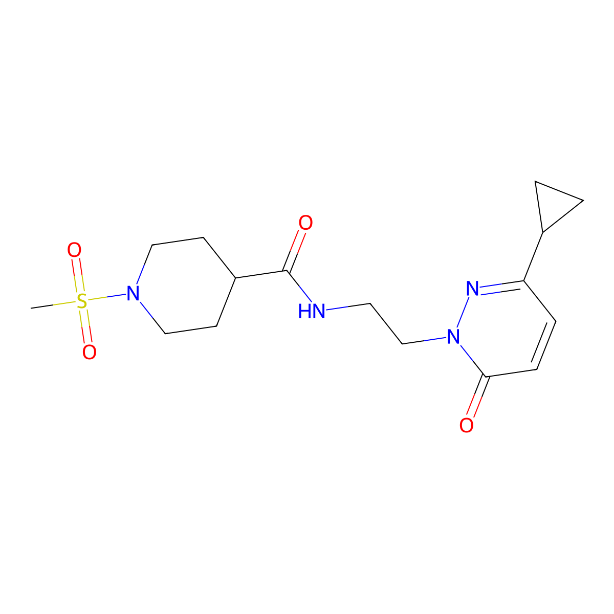 N-(2-(3-cyclopropyl-6-oxopyridazin-1(6H)-yl)ethyl)-1-(methylsulfonyl)piperidine-4-carboxamide molecular structure, CAS 2034430-60-7