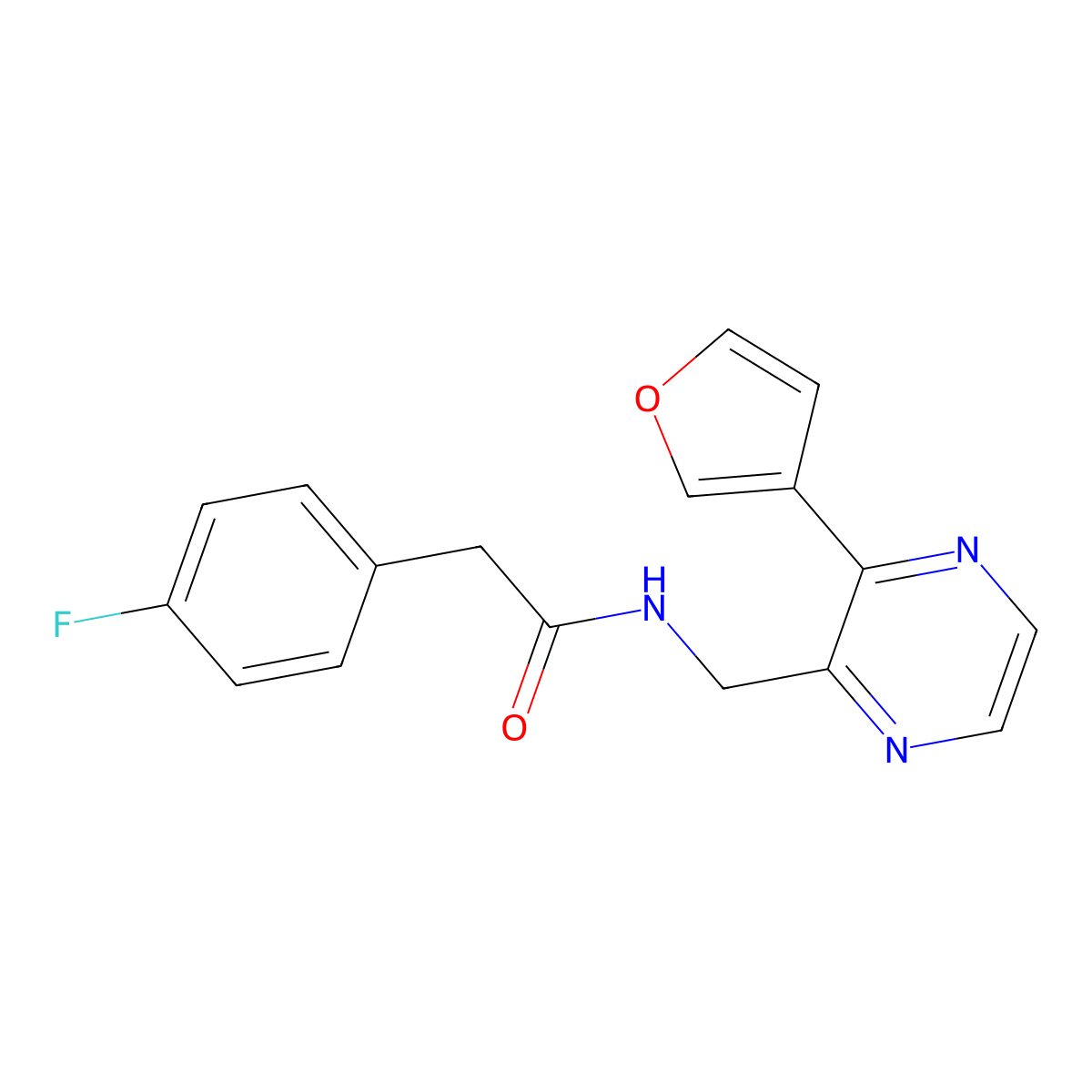 2-(4-fluorophenyl)-N-((3-(furan-3-yl)pyrazin-2-yl)methyl)acetamide molecular structure, CAS 2034430-98-1
