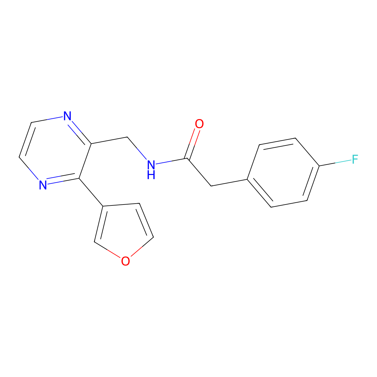 2-(4-fluorophenyl)-N-((3-(furan-3-yl)pyrazin-2-yl)methyl)acetamide molecular structure, CAS 2034430-98-1