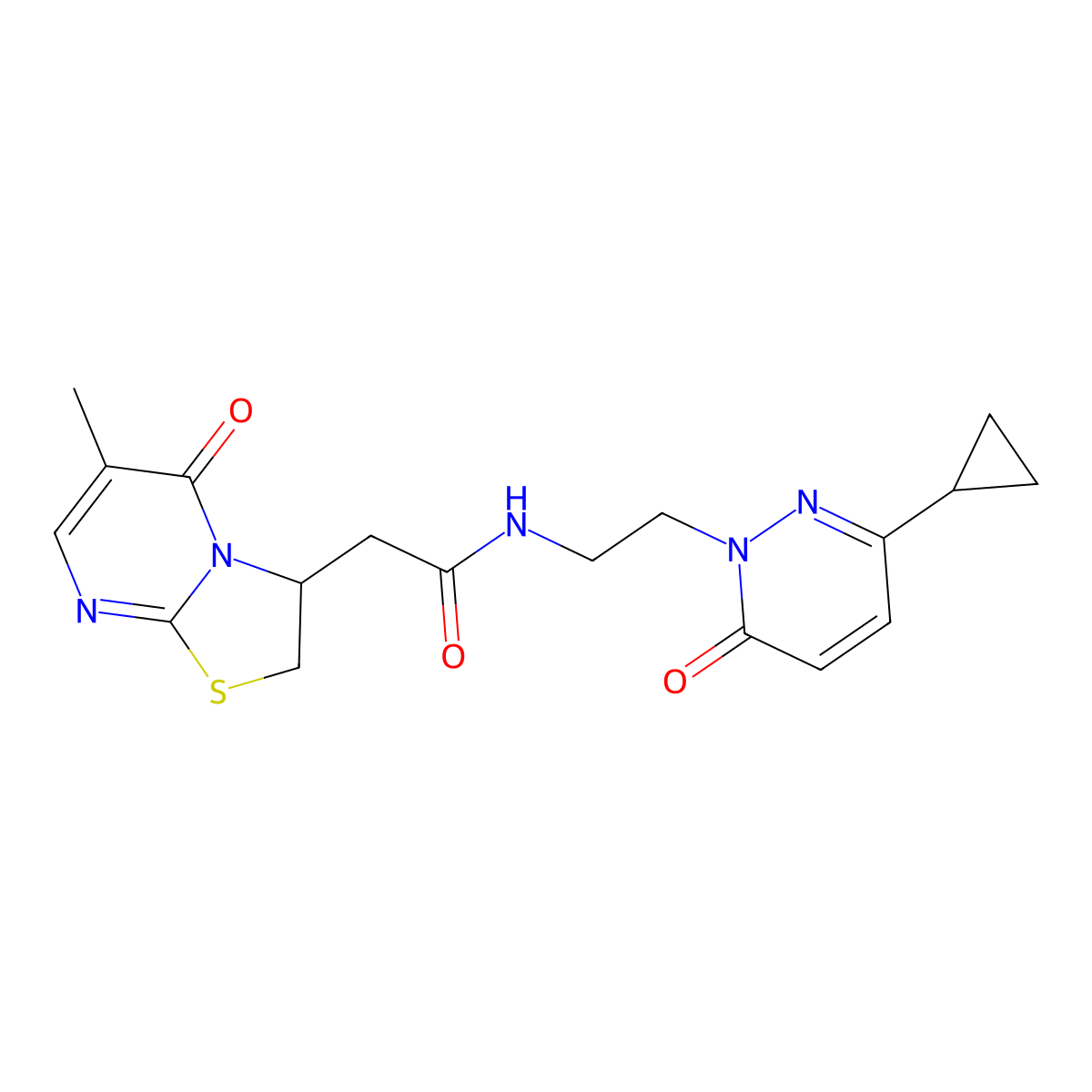 N-(2-(3-cyclopropyl-6-oxopyridazin-1(6H)-yl)ethyl)-2-(6-methyl-5-oxo-3,5-dihydro-2H-thiazolo[3,2-a]pyrimidin-3-yl)acetamide molecular structure, CAS 2034431-04-2
