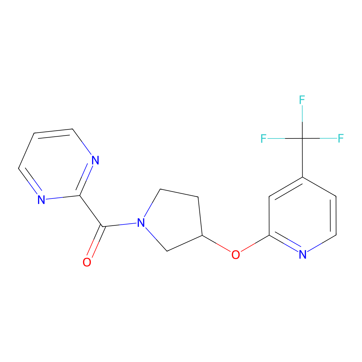 Pyrimidin-2-yl(3-((4-(trifluoromethyl)pyridin-2-yl)oxy)pyrrolidin-1-yl)methanone molecular structure, CAS 2034431-62-2