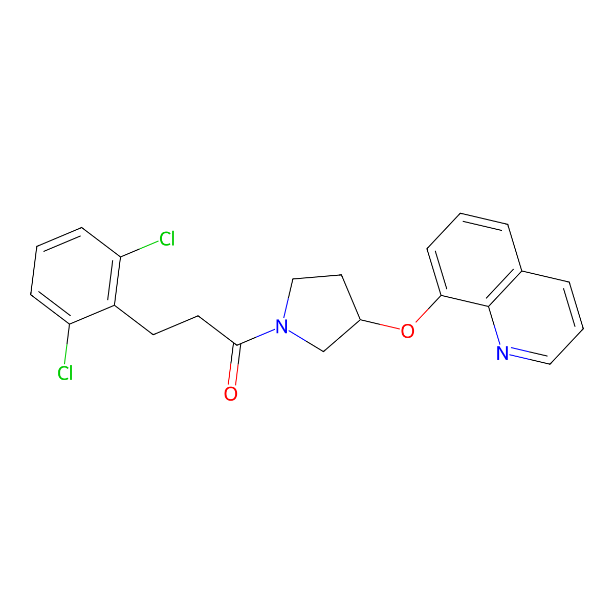 3-(2,6-Dichlorophenyl)-1-(3-(quinolin-8-yloxy)pyrrolidin-1-yl)propan-1-one molecular structure, CAS 2034431-68-8