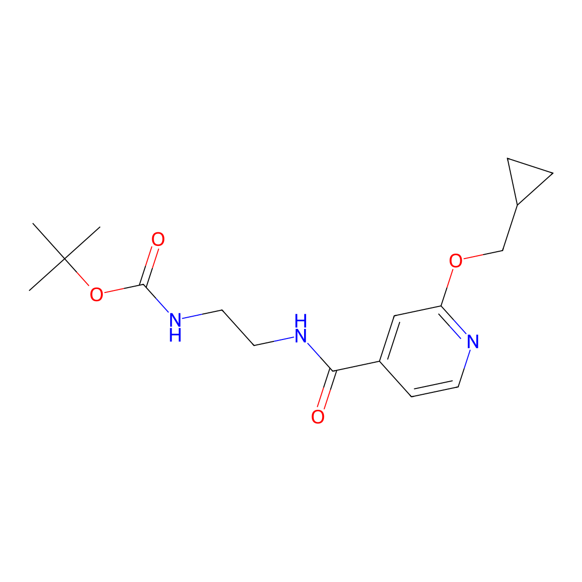 Tert-butyl (2-(2-(cyclopropylmethoxy)isonicotinamido)ethyl)carbamate molecular structure, CAS 2034431-88-2