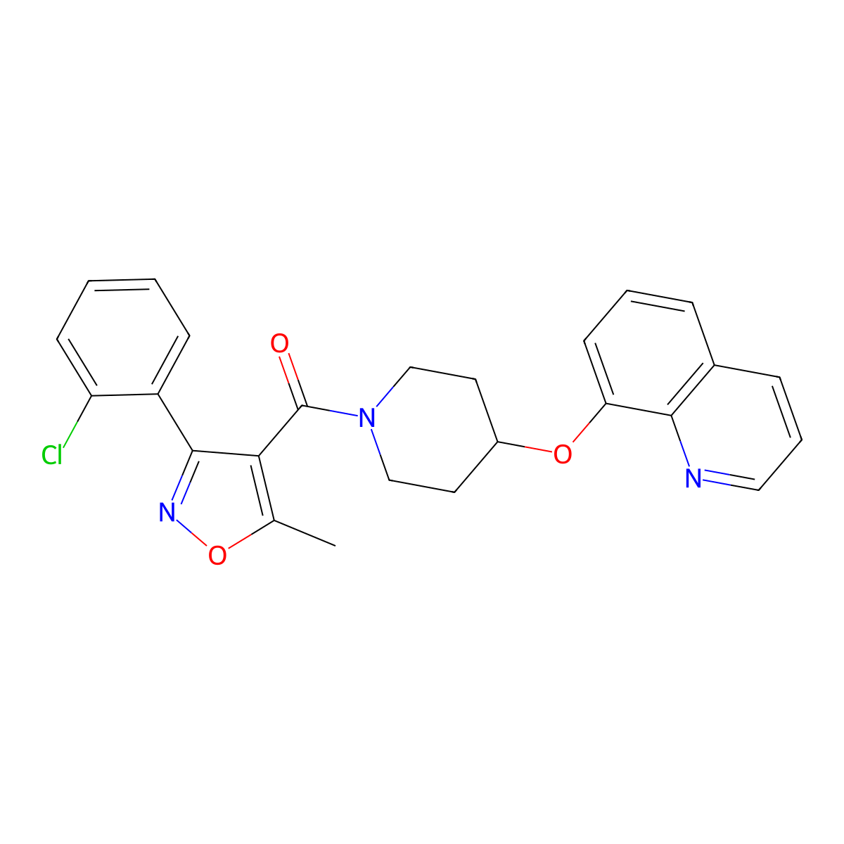 (3-(2-Chlorophenyl)-5-methylisoxazol-4-yl)(4-(quinolin-8-yloxy)piperidin-1-yl)methanone molecular structure, CAS 2034432-15-8
