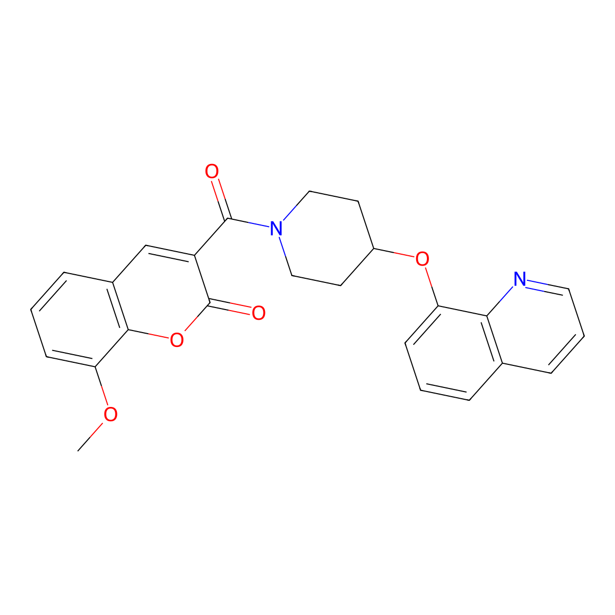 8-methoxy-3-(4-(quinolin-8-yloxy)piperidine-1-carbonyl)-2H-chromen-2-one molecular structure, CAS 2034432-25-0