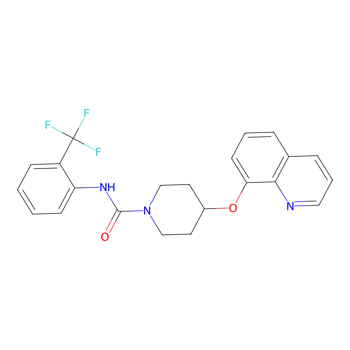 4-(quinolin-8-yloxy)-N-(2-(trifluoromethyl)phenyl)piperidine-1-carboxamide molecular structure, CAS 2034432-36-3