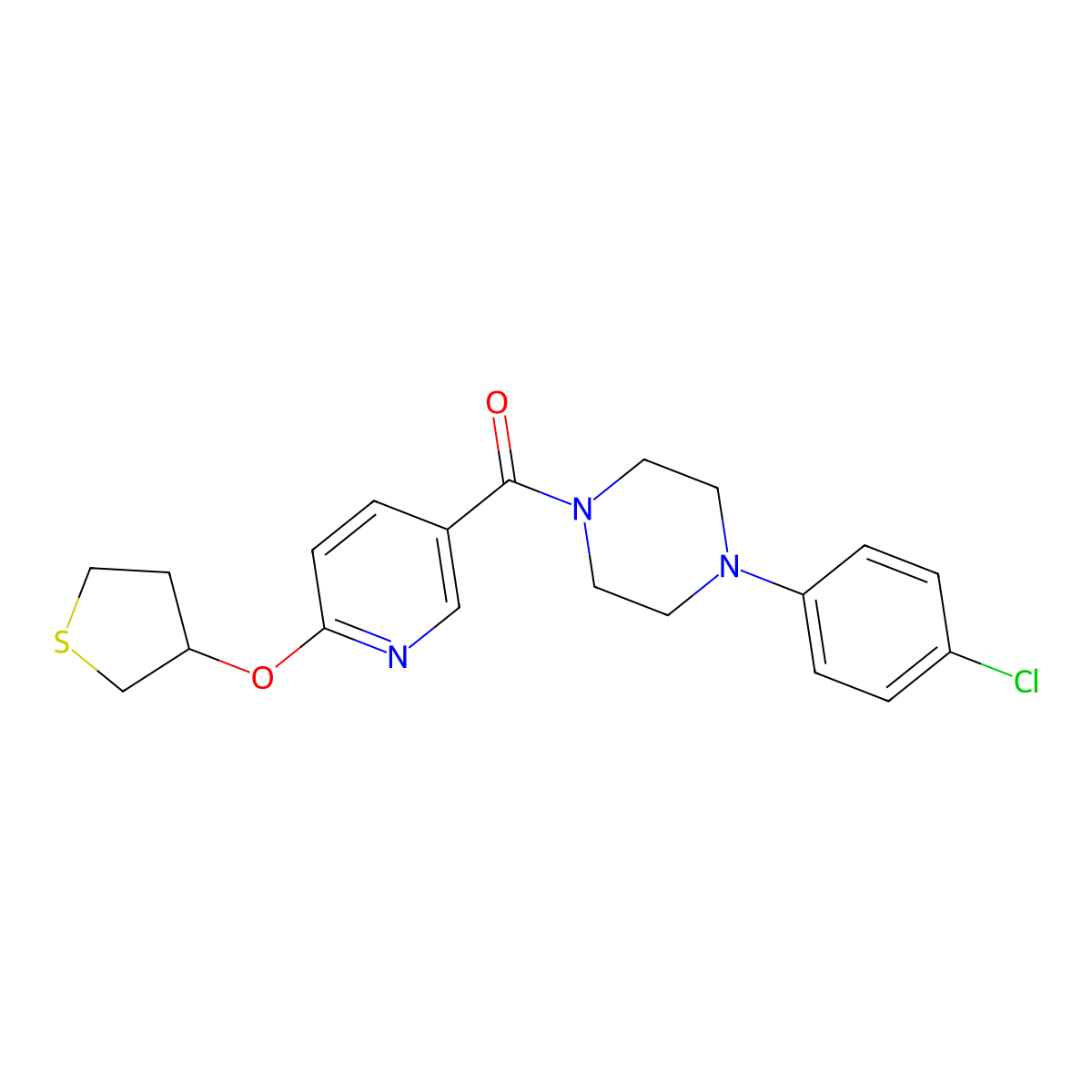 (4-(4-Chlorophenyl)piperazin-1-yl)(6-((tetrahydrothiophen-3-yl)oxy)pyridin-3-yl)methanone molecular structure, CAS 2034432-37-4