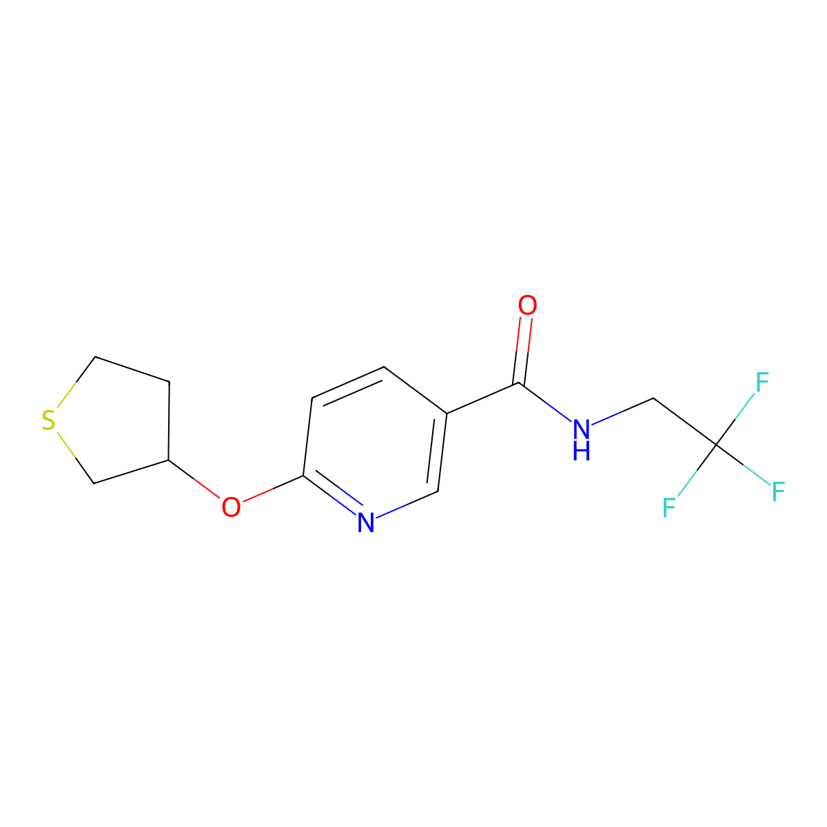 6-(thiolan-3-yloxy)-N-(2,2,2-trifluoroethyl)pyridine-3-carboxamide molecular structure, CAS 2034432-50-1