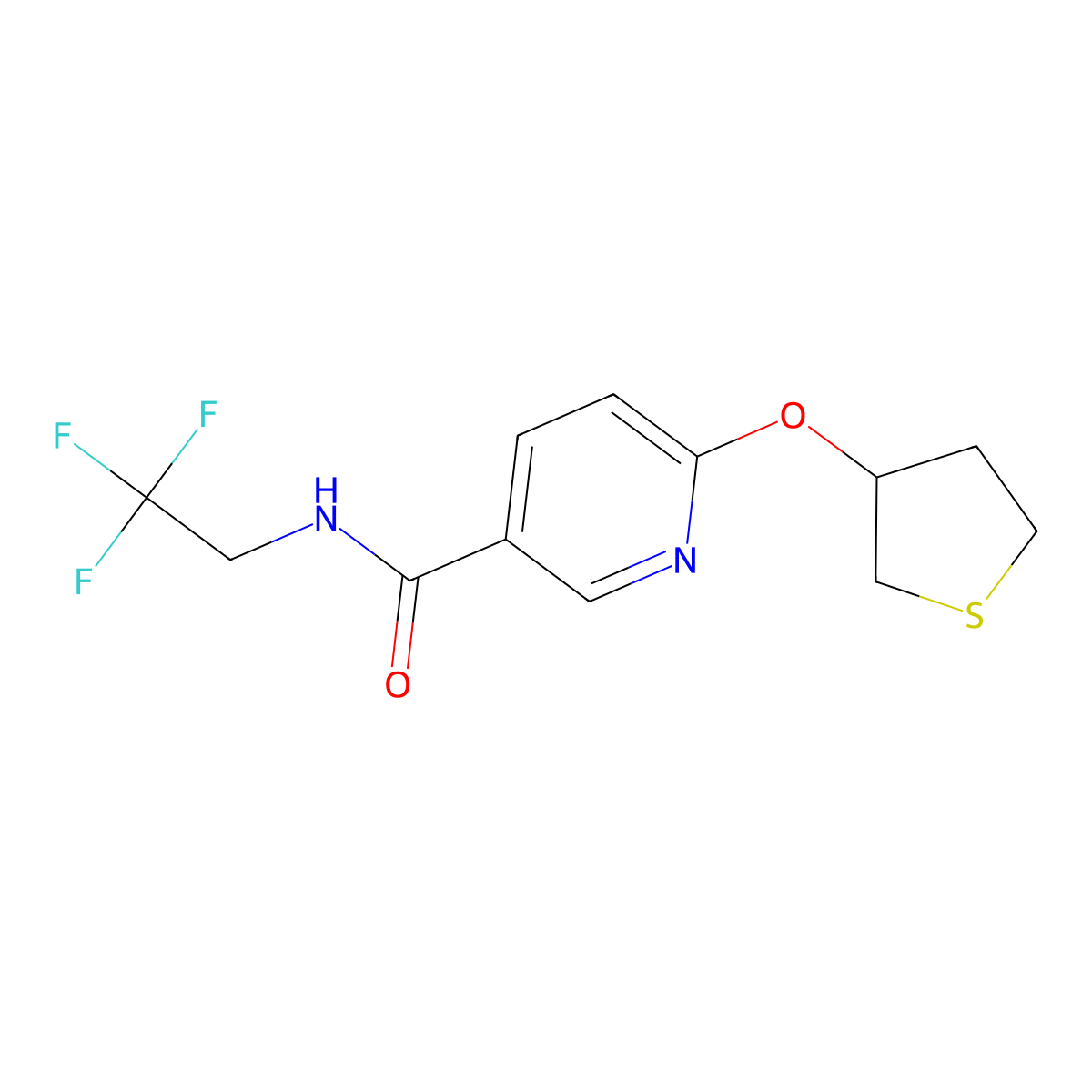 6-(thiolan-3-yloxy)-N-(2,2,2-trifluoroethyl)pyridine-3-carboxamide molecular structure, CAS 2034432-50-1