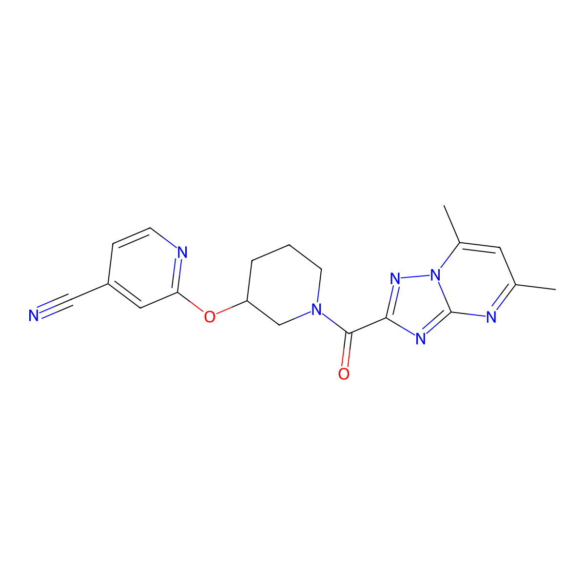 2-((1-(5,7-Dimethyl-[1,2,4]triazolo[1,5-a]pyrimidine-2-carbonyl)piperidin-3-yl)oxy)isonicotinonitrile molecular structure, CAS 2034432-51-2