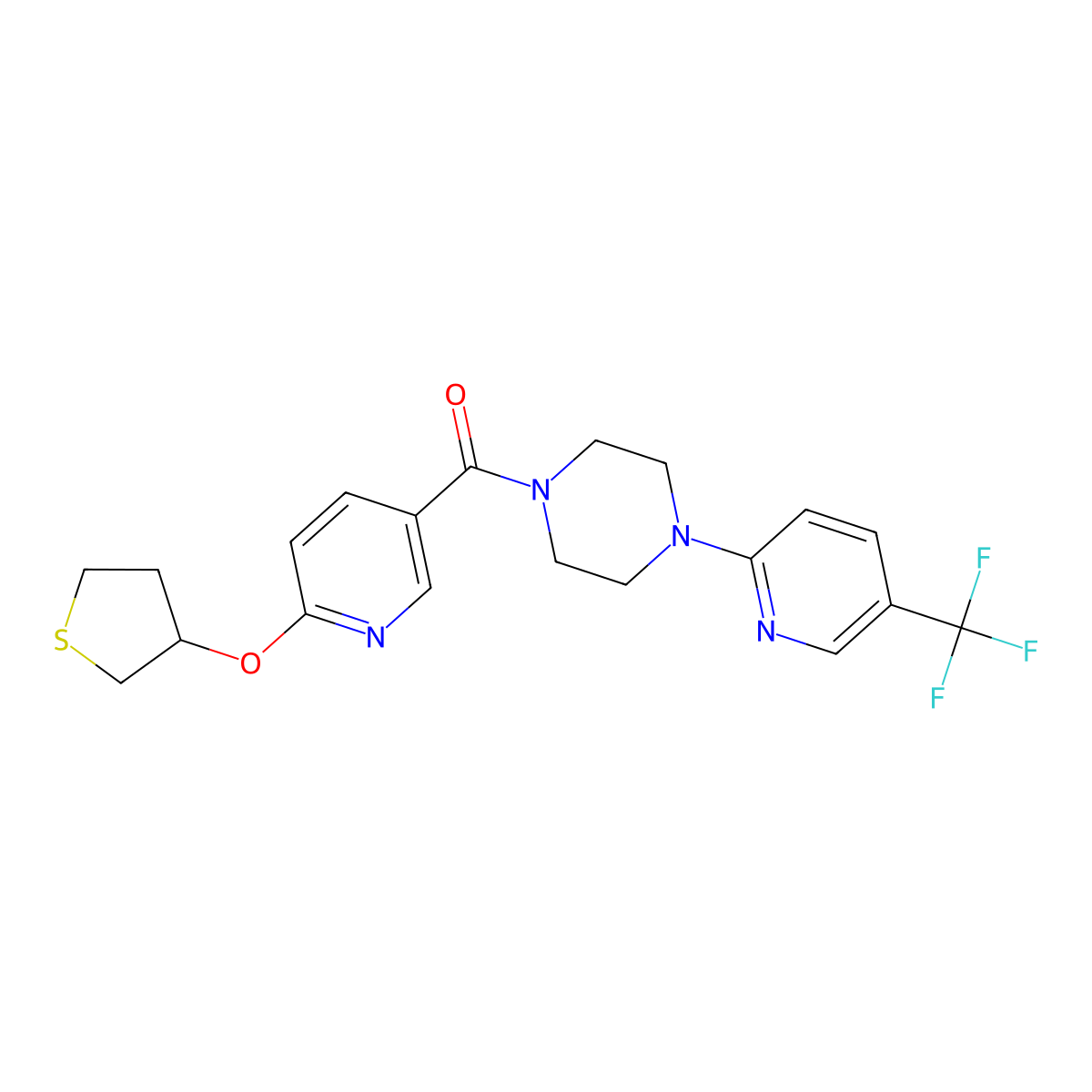 (6-((Tetrahydrothiophen-3-yl)oxy)pyridin-3-yl)(4-(5-(trifluoromethyl)pyridin-2-yl)piperazin-1-yl)methanone molecular structure, CAS 2034432-55-6