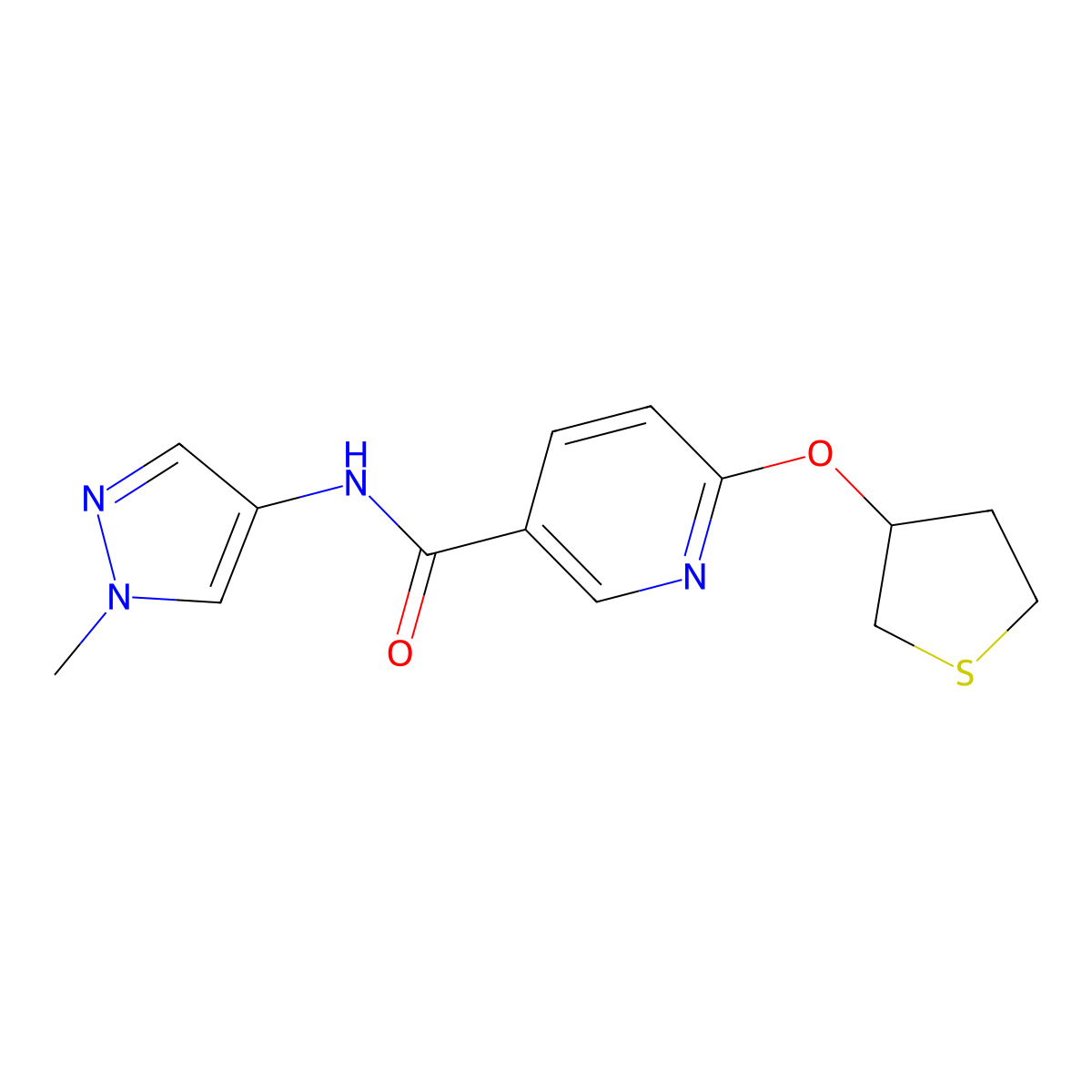 N-(1-methyl-1H-pyrazol-4-yl)-6-((tetrahydrothiophen-3-yl)oxy)nicotinamide molecular structure, CAS 2034432-57-8