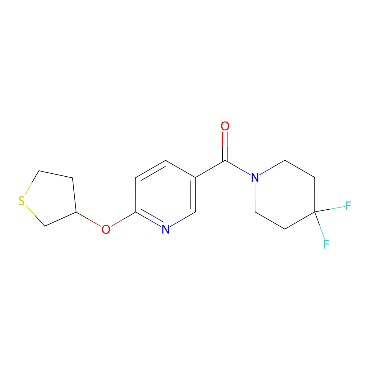 (4,4-Difluoropiperidin-1-yl)(6-((tetrahydrothiophen-3-yl)oxy)pyridin-3-yl)methanone molecular structure, CAS 2034432-62-5