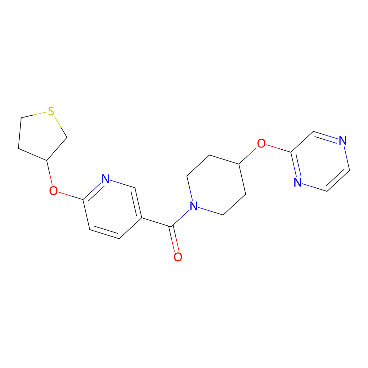 (4-(Pyrazin-2-yloxy)piperidin-1-yl)(6-((tetrahydrothiophen-3-yl)oxy)pyridin-3-yl)methanone molecular structure, CAS 2034432-77-2