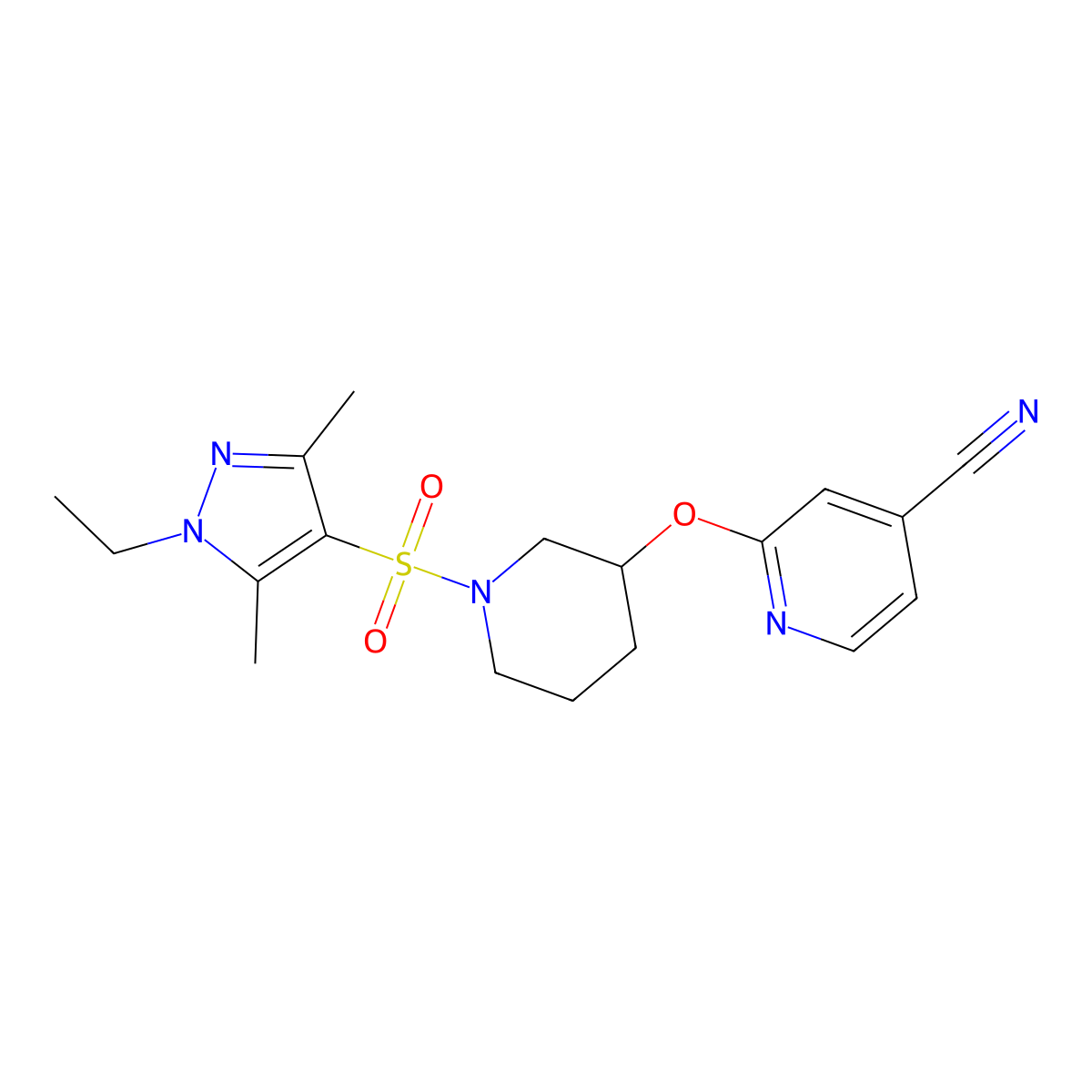 2-((1-((1-ethyl-3,5-dimethyl-1H-pyrazol-4-yl)sulfonyl)piperidin-3-yl)oxy)isonicotinonitrile molecular structure, CAS 2034432-79-4