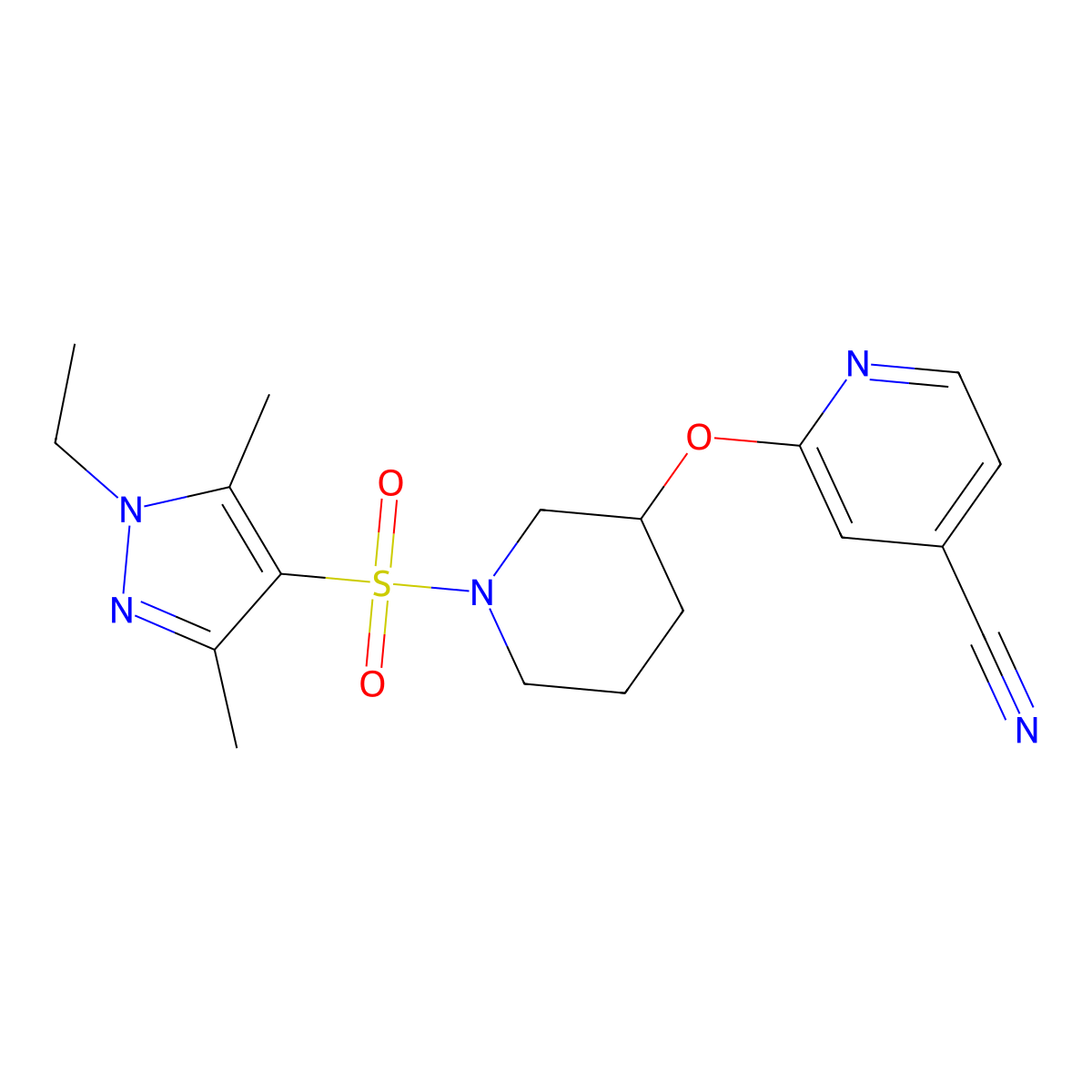 2-((1-((1-ethyl-3,5-dimethyl-1H-pyrazol-4-yl)sulfonyl)piperidin-3-yl)oxy)isonicotinonitrile molecular structure, CAS 2034432-79-4