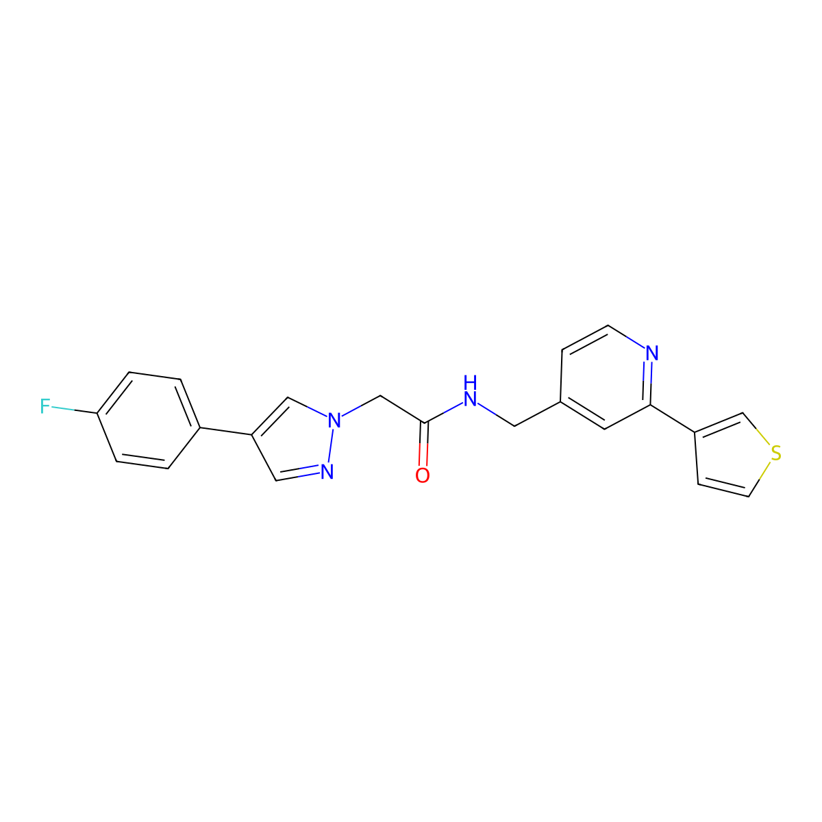 2-[4-(4-fluorophenyl)-1H-pyrazol-1-yl]-N-{[2-(thiophen-3-yl)pyridin-4-yl]methyl}acetamide molecular structure, CAS 2034432-85-2