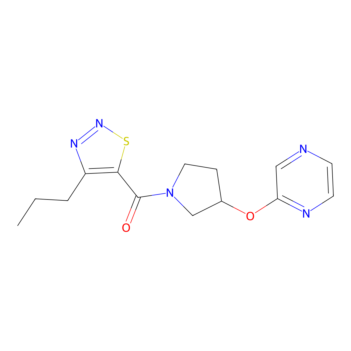 (4-Propyl-1,2,3-thiadiazol-5-yl)(3-(pyrazin-2-yloxy)pyrrolidin-1-yl)methanone molecular structure, CAS 2034432-89-6